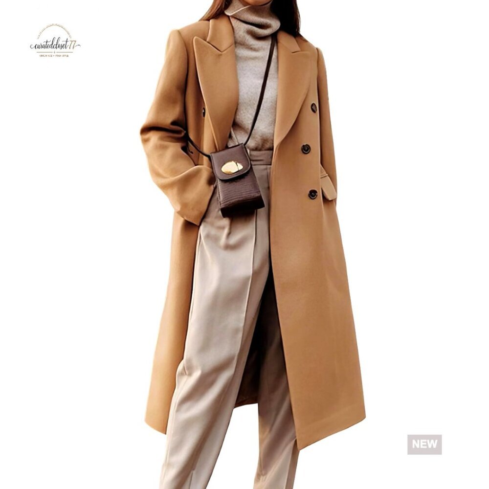 Long Wool Pea Coat Double Breasted Knee Length Trench Winter
